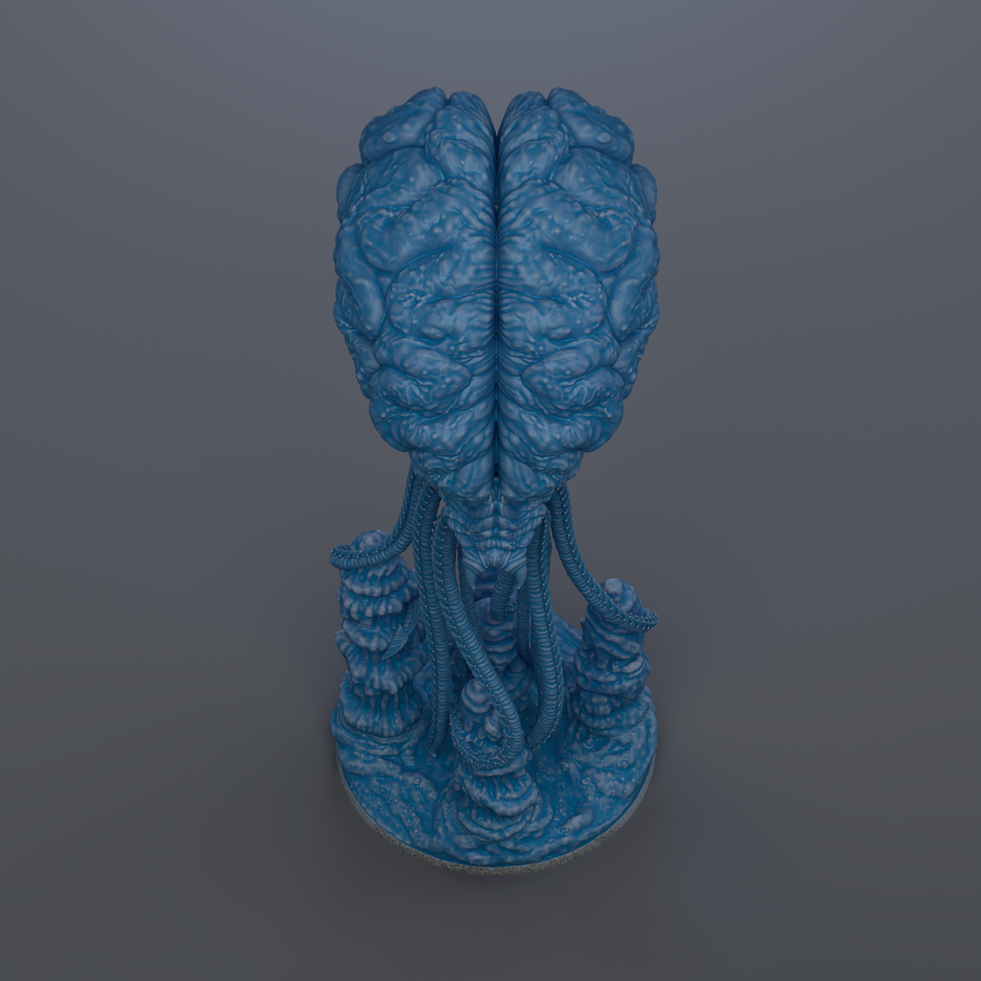 a blue, abstract, and organic-looking sculpture resembling a brain or a skull-like structure.