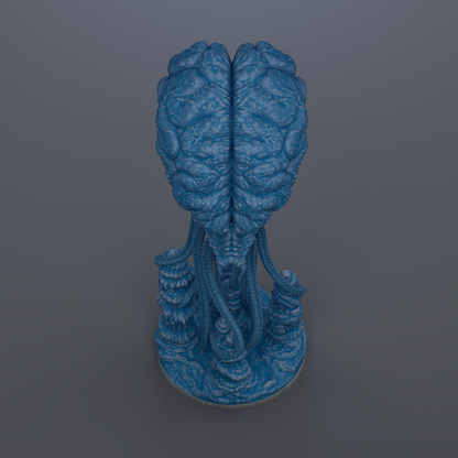 a blue, abstract, and organic-looking sculpture resembling a brain or a skull-like structure.