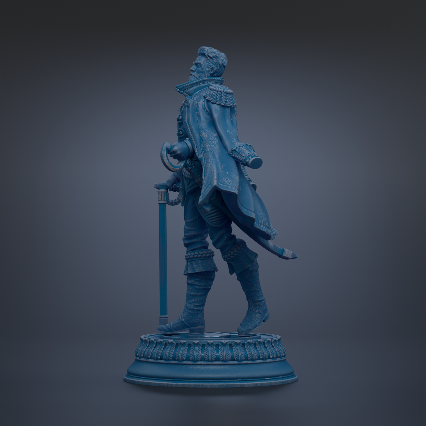 A blue statue of a man in a cape and holding a sword, standing on a pedestal.
