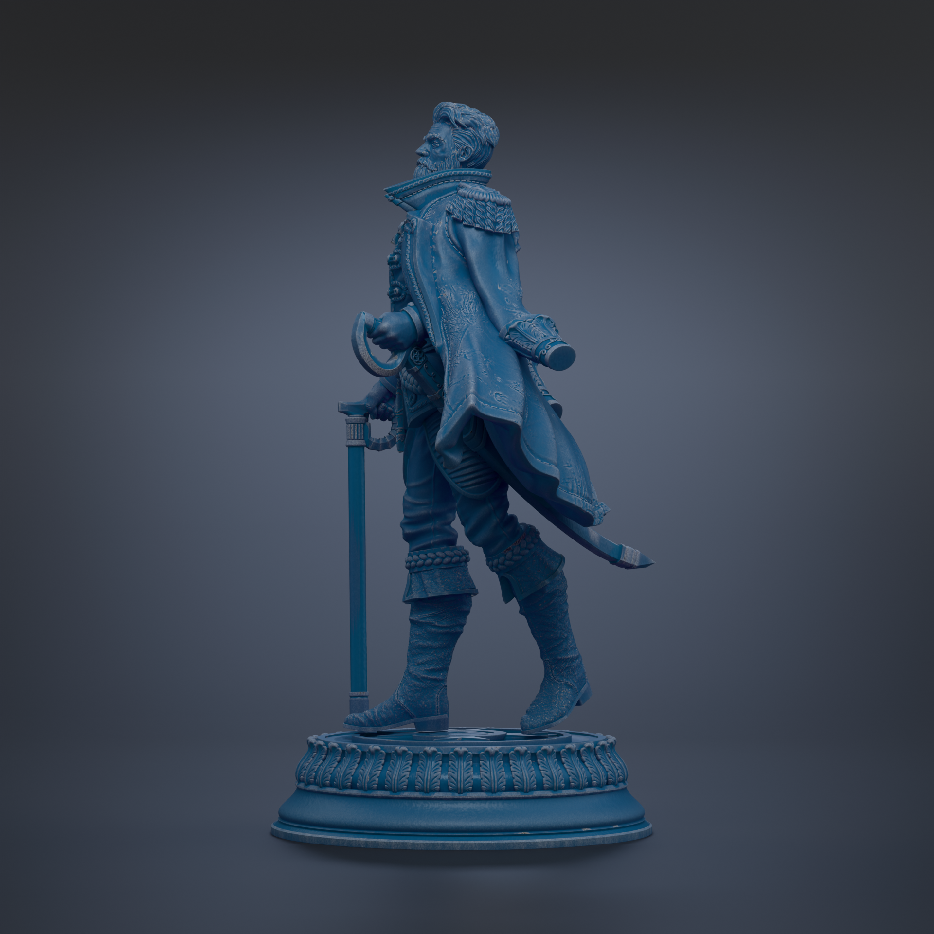 A blue statue of a man in a cape and holding a sword, standing on a pedestal.