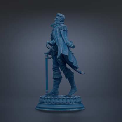 A blue statue of a man in a cape and holding a sword, standing on a pedestal.