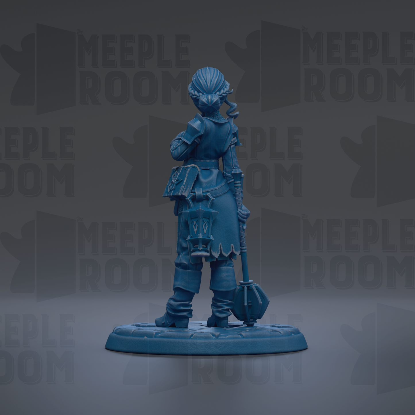 A blue figurine of a person standing in a dark background with the text "MEUPLE ROOM" repeated multiple times.