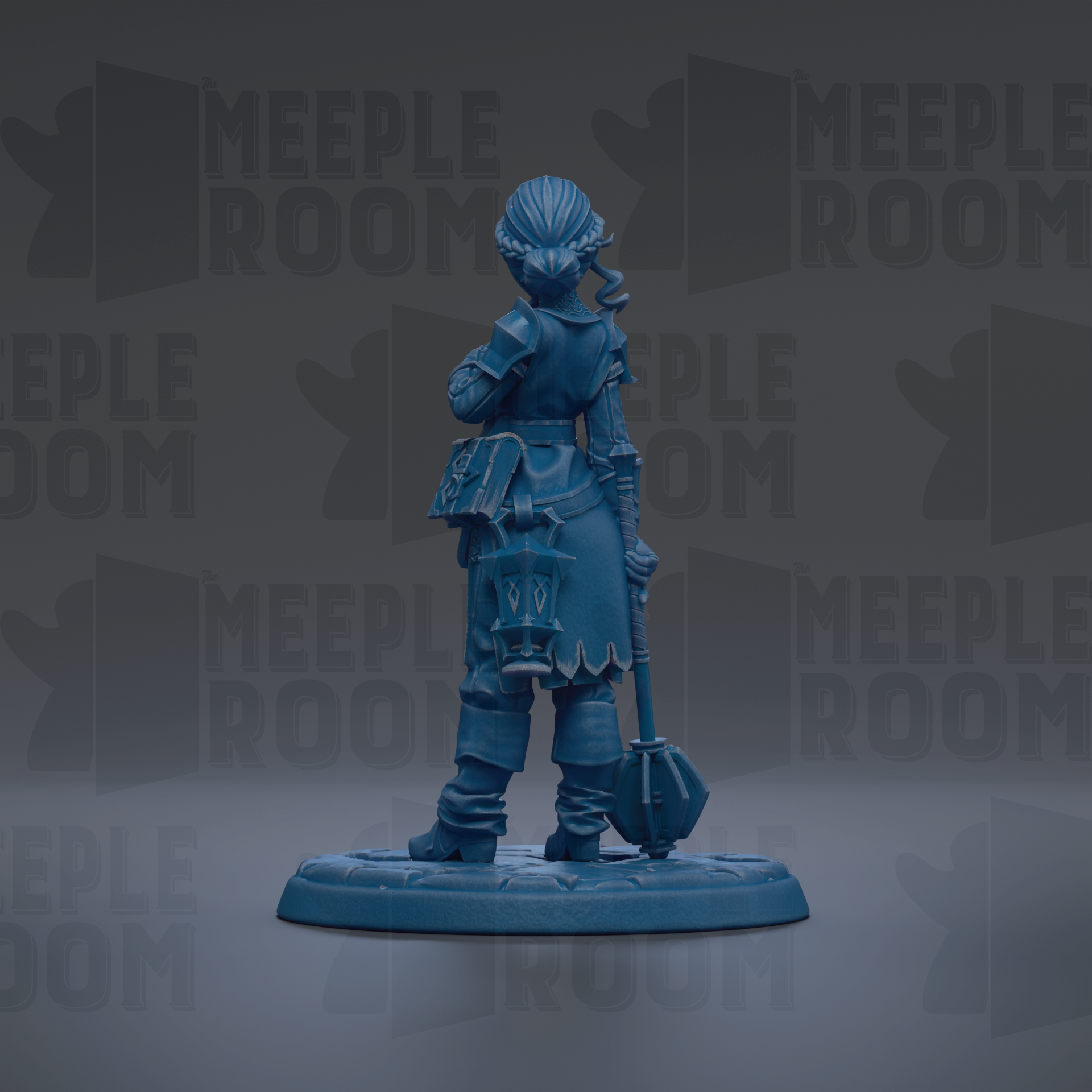 A blue figurine of a person standing in a dark background with the text "MEUPLE ROOM" repeated multiple times.