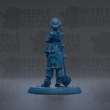 A blue figurine of a person standing in a dark background with the text "MEUPLE ROOM" repeated multiple times.
