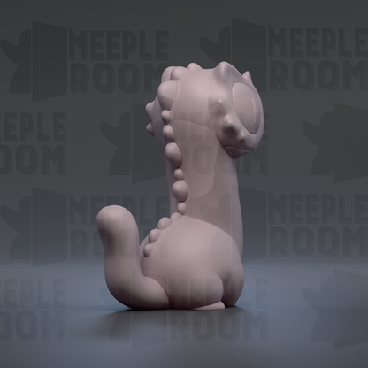 A 3D rendering of a small, light-colored, cartoonish-looking creature with a round head and spikes on its back, sitting on a surface.