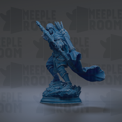 A blue, 3D-rendered statue of a warrior figure with a sword and shield, standing on a rocky base.