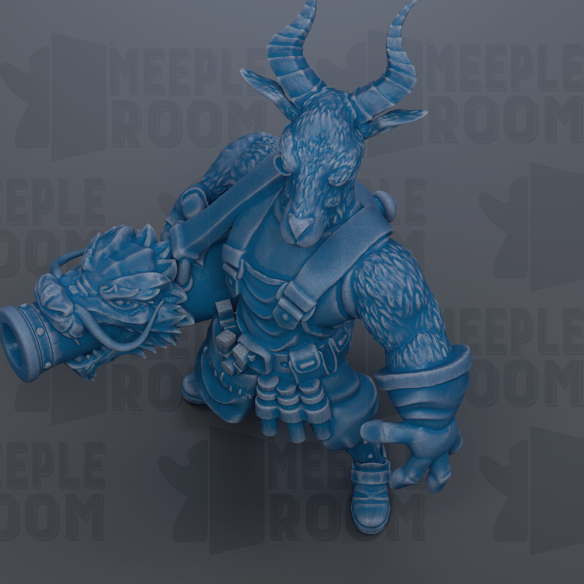 A blue, horned, and armored character with a camera in its hand, set against a dark background with repeated text.