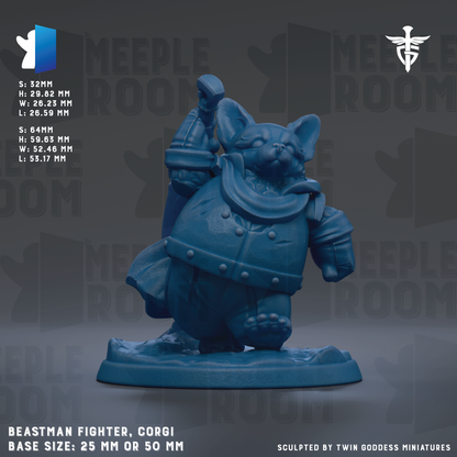 The image is a figurine of a blue monster-like creature, possibly a dragon or a similar mythical creature, standing on a base. The figurine is described as a "BEASTMAN FIGHTER, CORGI" and has a base size of 25mm or 50mm. The background of the image is a dark gray color, and there is text that reads "MELLOW ROOM" repeated multiple times throughout the image.