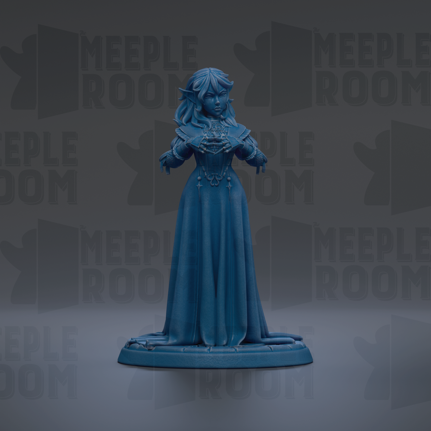 A blue figurine of a woman with long hair and a flowing dress stands against a dark background with repeated text.