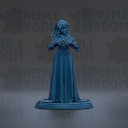 A blue figurine of a woman with long hair and a flowing dress stands against a dark background with repeated text.