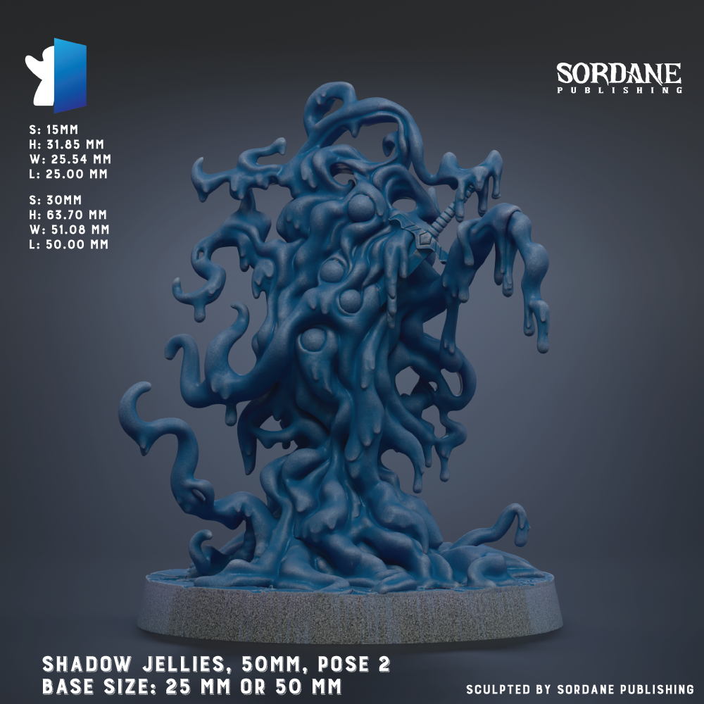 The image is a 3D rendering of a large, abstract sculpture made of a blue, liquid-like material that appears to be jelly or a similar substance. The sculpture has a pose that resembles a creature or monster, with its arms and legs spread out in a dynamic, fluid manner. The sculpture is described as a "Shadow Jellies" and is 50mm in size, with a base size of either 25mm or 50mm. The image is published by Sordane Publishing.