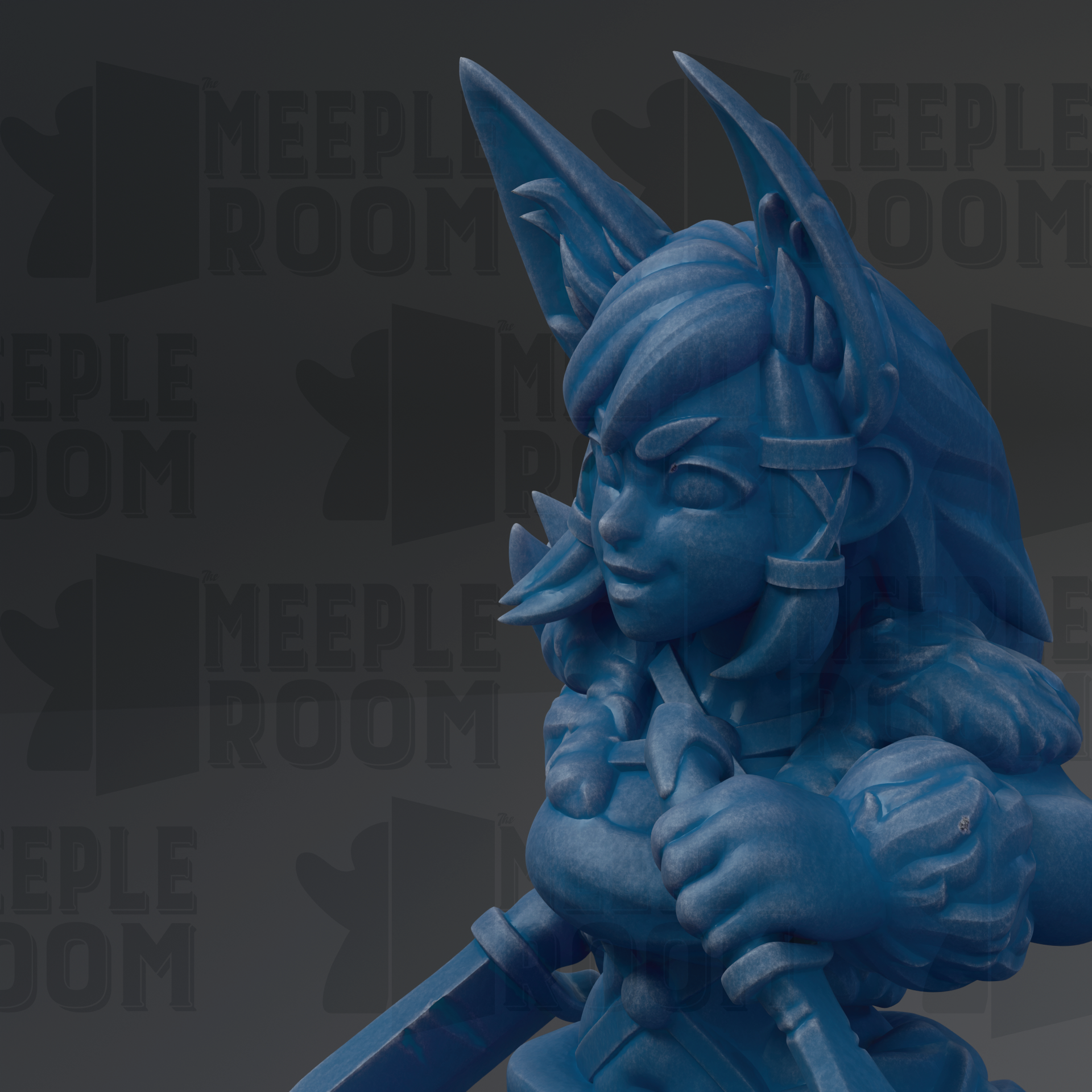 A close-up of a blue, sculpted figure holding a weapon, with the text "MEUPLE ROOM" repeated in the background.