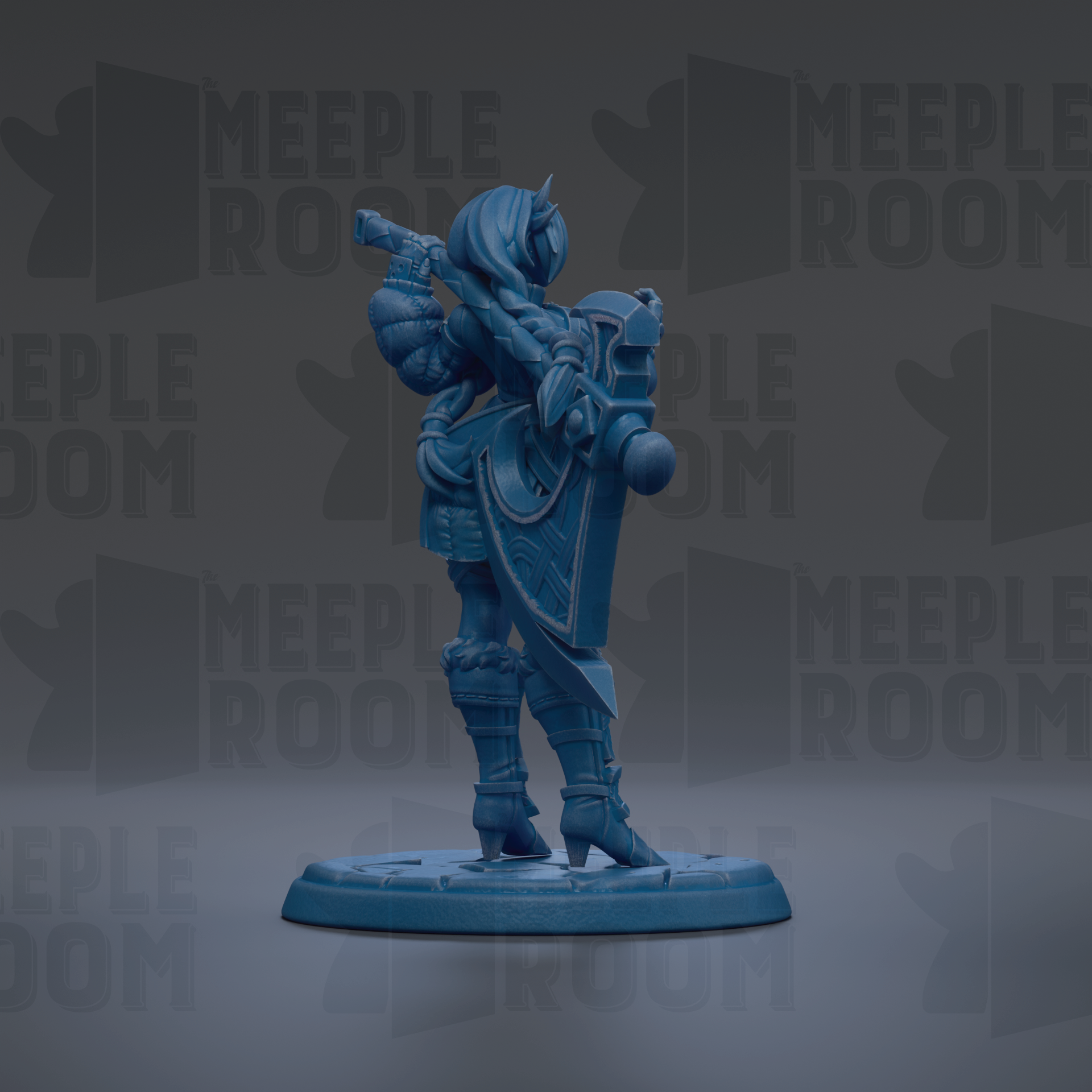 A blue figurine of a warrior standing on a base, holding a shield and sword, against a dark background with repeated text.