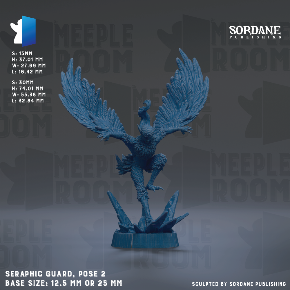 a blue statue of a winged creature, possibly a mythical or fantastical being, with outstretched wings and a fierce expression. The statue is positioned on a blue base, and the image is described as a "SERAPHIC GUARD, POSE 2" with a base size of either 12.5 mm or 25 mm. The image is a part of a larger collection, as indicated by the text "SORDANE PUBLISHING" and "MEEPLE ROOM".