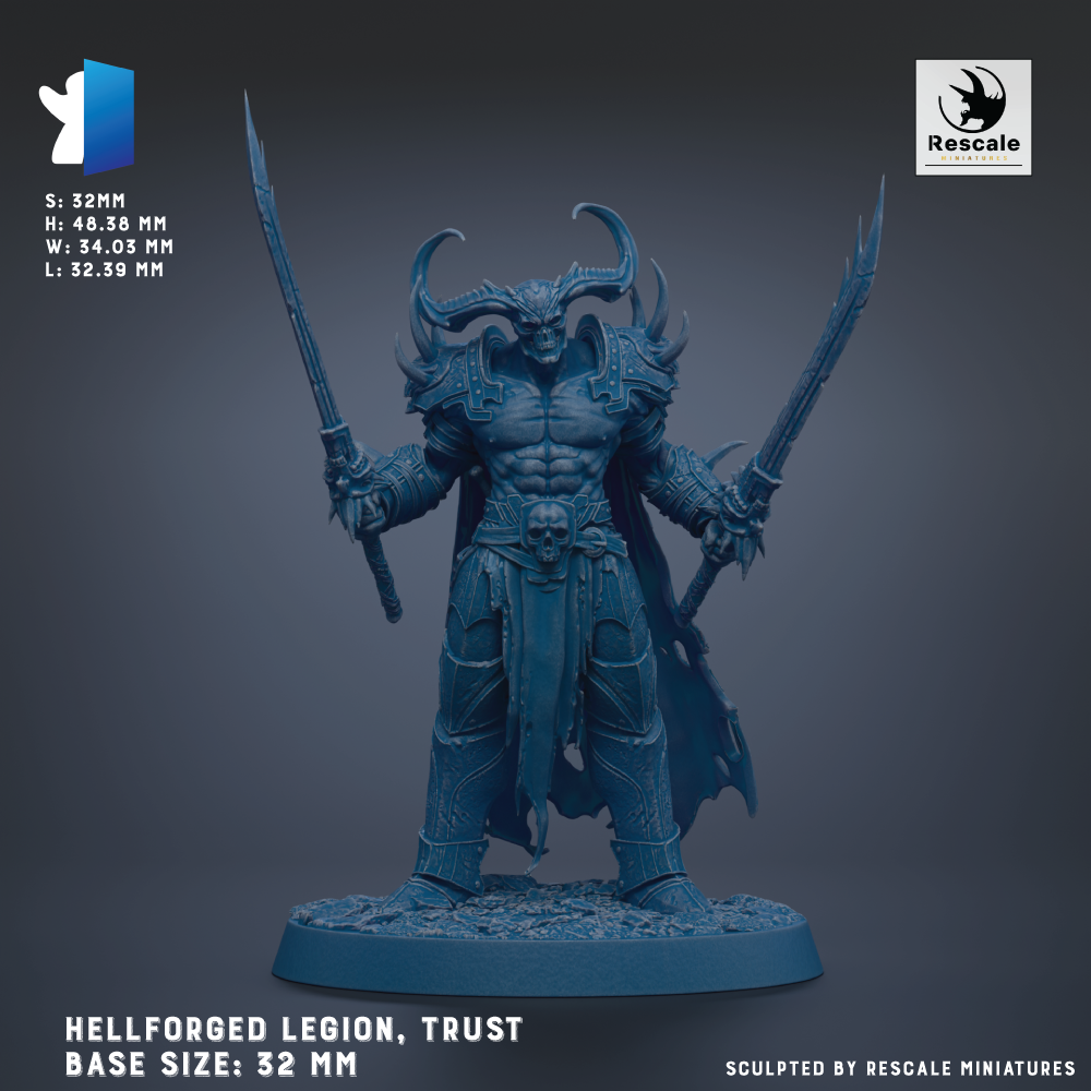 a Hellforged Legion, Trust base size: 32 mm, with a Hellborn warrior figure holding two swords.