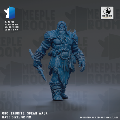 a large, heavily armored fantasy character with a long beard, wielding a spear and walking on all fours. The character is wearing a long robe and has a large belt around the waist. The background is a dark gray color, and the image is labeled with the text "Meeple ROOM" and "ORC. ERUDITE, SPEAR WALK BASE SIZE: 32MM".