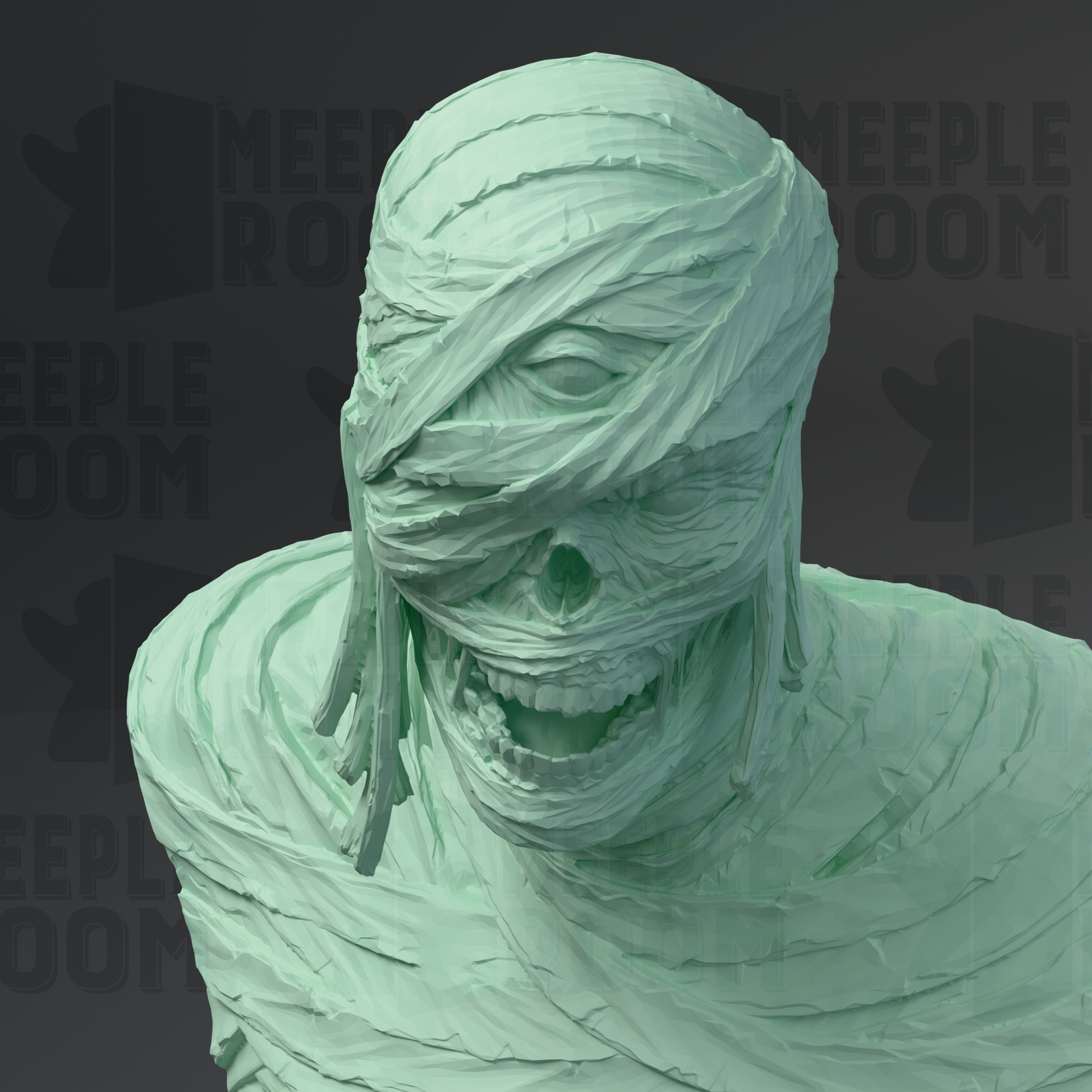 A green, sculpted statue of a person with a wrapped cloth covering their face, resembling a mummy or mummy-like figure.