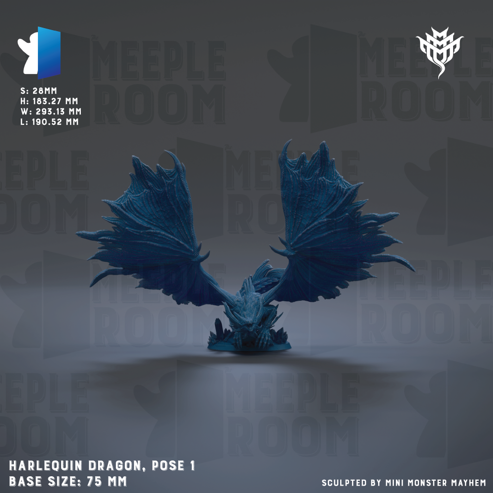 a Harlequin Dragon, a miniature figurine, with its wings spread wide. The dragon is posed in a dynamic stance, with its body oriented towards the left side of the image. The background is a dark gray color, providing a stark contrast to the dragon's blue color. The image is a collage of multiple images, and the text at the bottom indicates that it is a sculpture by Mini Monster Mayhem. The base size of the dragon is 75 millimeters.
