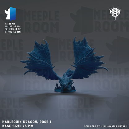 a Harlequin Dragon, a miniature figurine, with its wings spread wide. The dragon is posed in a dynamic stance, with its body oriented towards the left side of the image. The background is a dark gray color, providing a stark contrast to the dragon's blue color. The image is a collage of multiple images, and the text at the bottom indicates that it is a sculpture by Mini Monster Mayhem. The base size of the dragon is 75 millimeters.