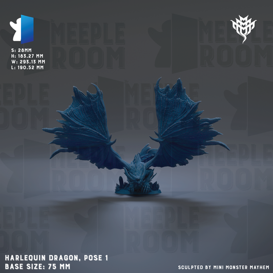 a Harlequin Dragon, a miniature figurine, with its wings spread wide. The dragon is posed in a dynamic stance, with its body oriented towards the left side of the image. The background is a dark gray color, providing a stark contrast to the dragon's blue color. The image is a collage of multiple images, and the text at the bottom indicates that it is a sculpture by Mini Monster Mayhem. The base size of the dragon is 75 millimeters.