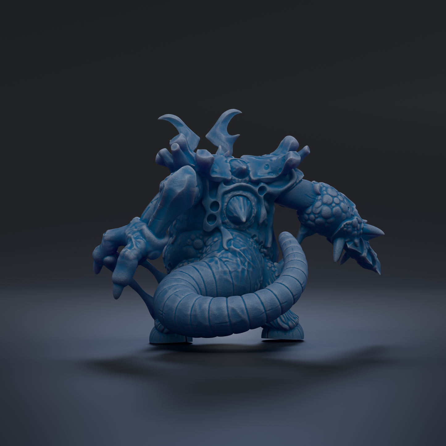 A 3D rendering of a blue, fantastical creature with multiple arms and sharp teeth, standing on a dark surface.
