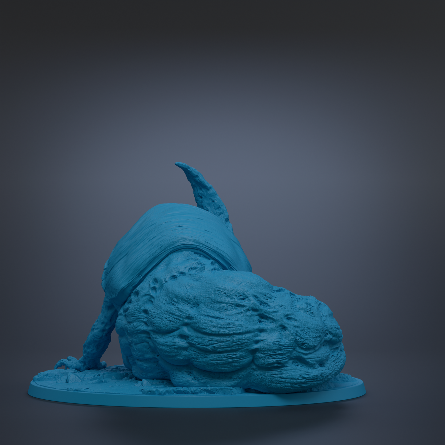 A blue, 3D-rendered sculpture of a dog-like creature with a curved tail and a large, textured body.