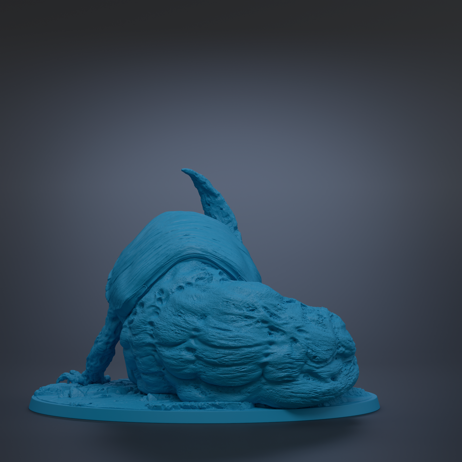 A blue, 3D-rendered sculpture of a dog-like creature with a curved tail and a large, textured body.