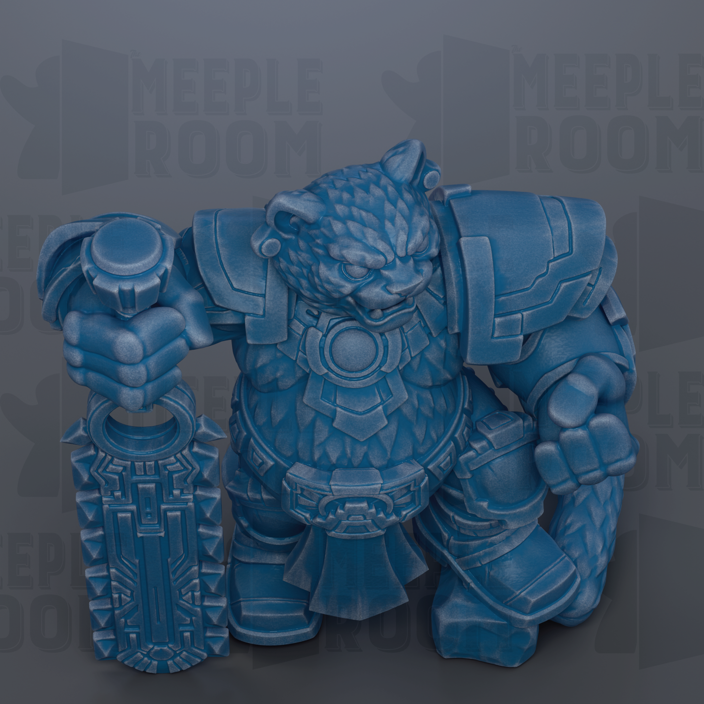 A blue, armored fantasy creature holding a weapon and standing in a fighting stance.