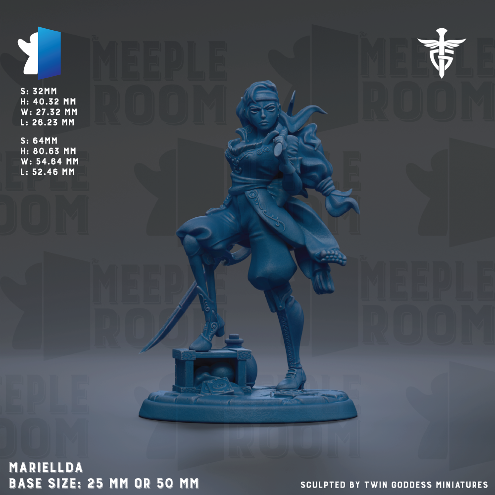 A figurine of a woman in a blue outfit, holding a sword, is displayed against a dark background. The image is described as a "MEIPLE ROOM" and "MEIPLE ROOM" based on the repeated text throughout the image. The figurine is described as "MEIELLDA" and "BASE SIZE: 25 MM OR 50 MM". The image is described as a "Sculpted by Twin Goddess Miniatures".