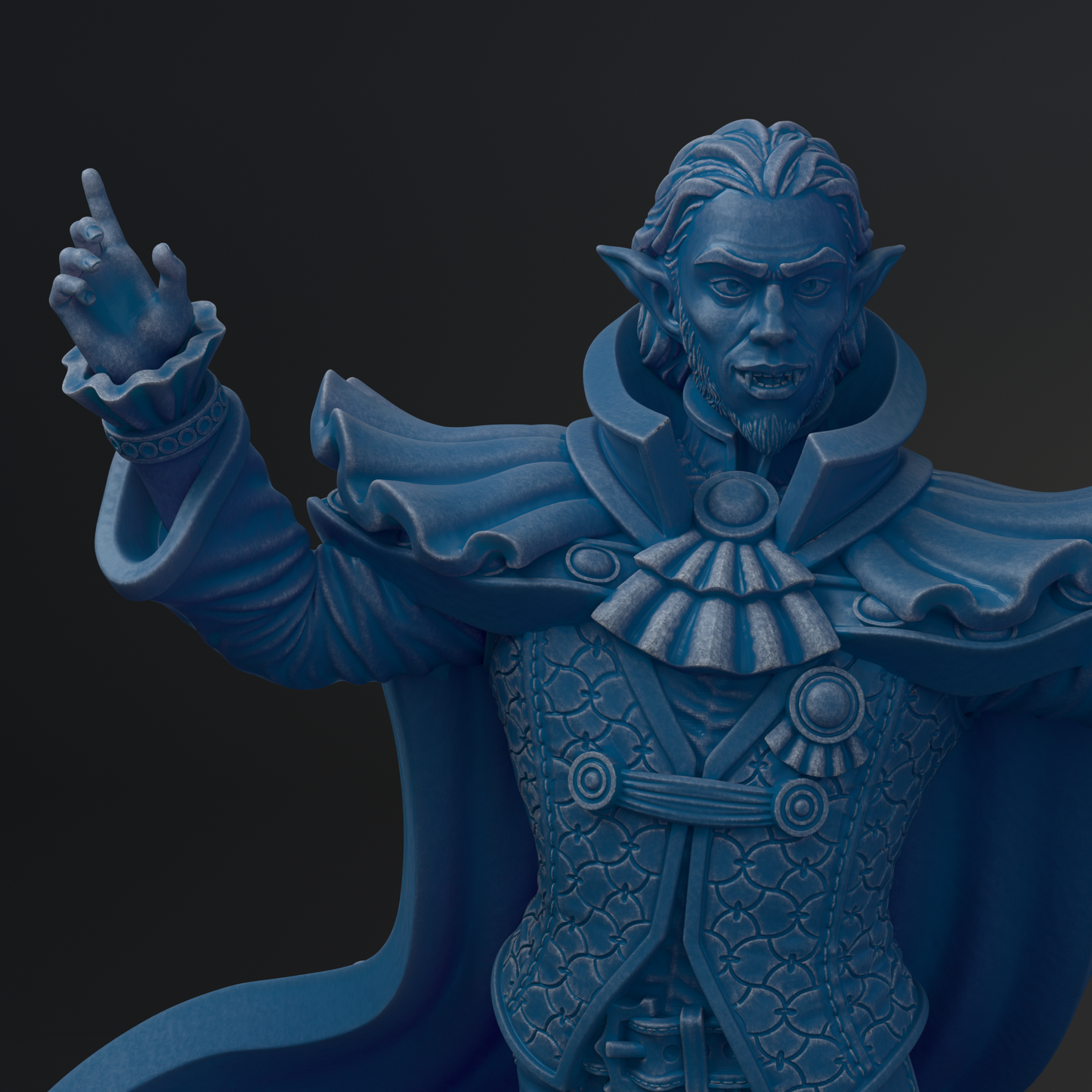 A detailed 3D rendering of a blue-colored statue depicting a figure with a beard, long hair, and a cape-like garment. The figure appears to be a character with a serious expression, possibly a character from a fantasy or historical context.