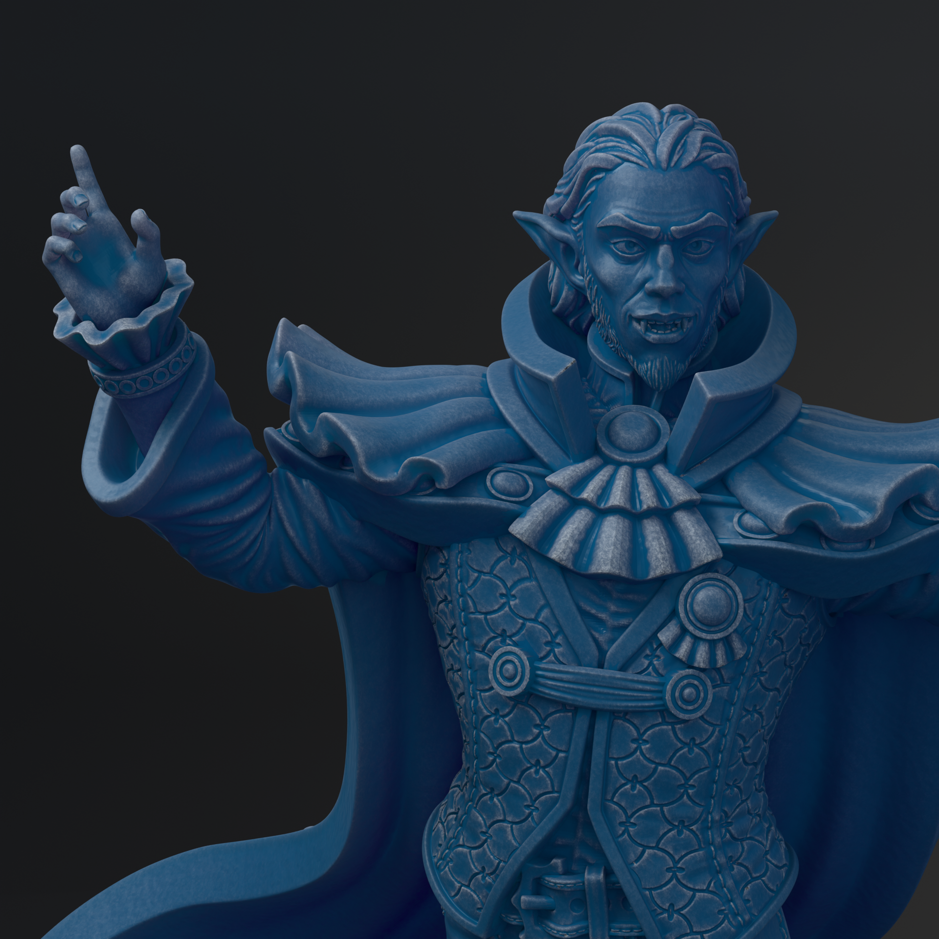A detailed 3D rendering of a blue-colored statue depicting a figure with a beard, long hair, and a cape-like garment. The figure appears to be a character with a serious expression, possibly a character from a fantasy or historical context.