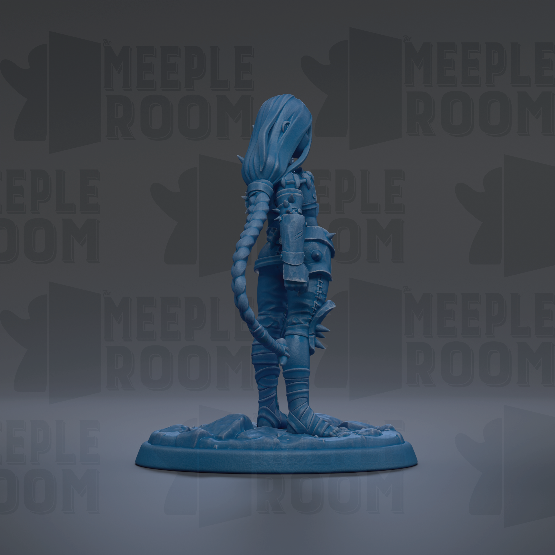 A blue figurine of a person with long hair and a futuristic appearance stands on a base against a dark background with repeated text.