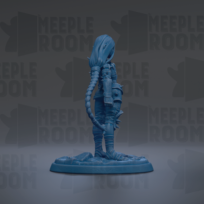 A blue figurine of a person with long hair and a futuristic appearance stands on a base against a dark background with repeated text.