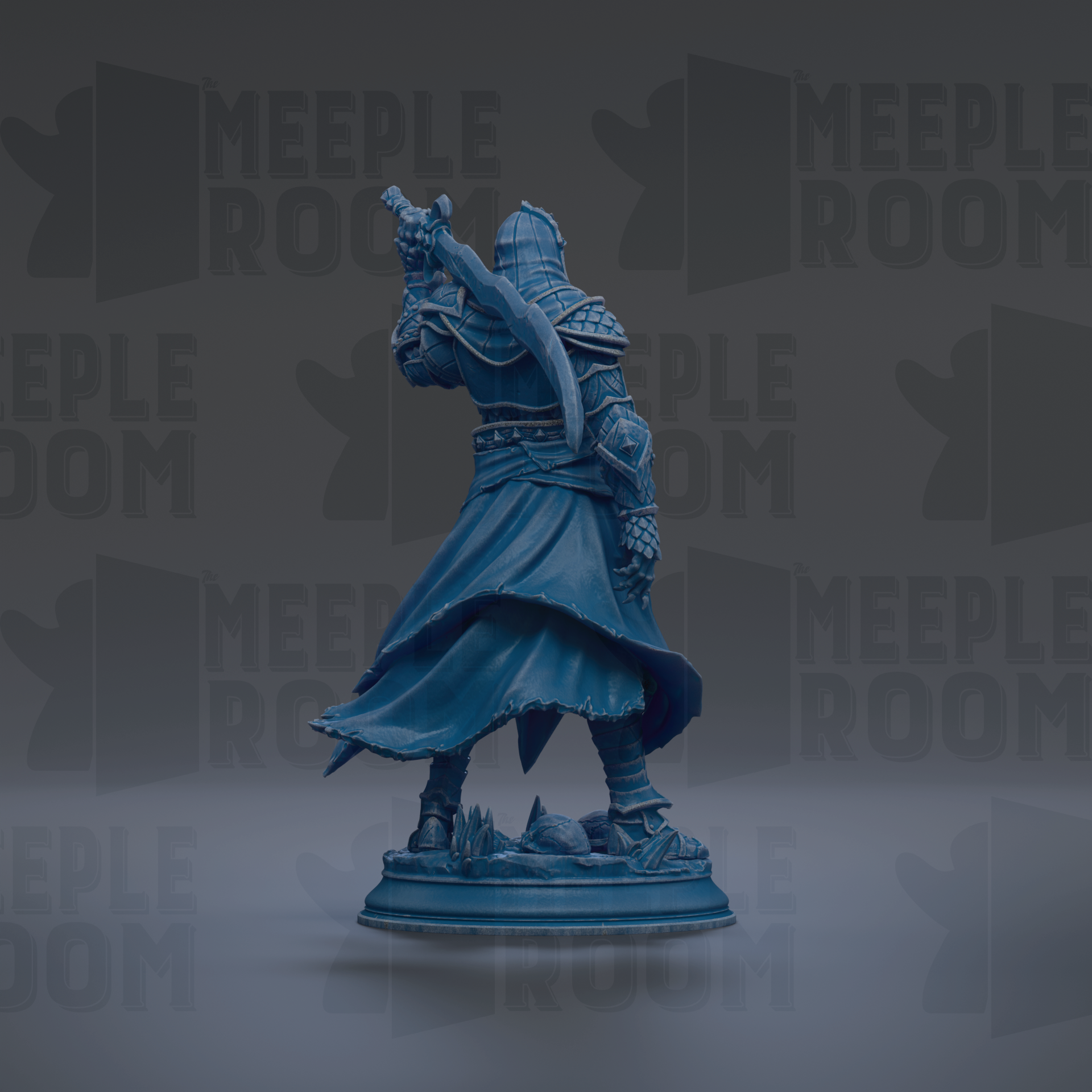A blue statue of a knight holding a sword and shield, standing on a pedestal against a dark background with repeated text.