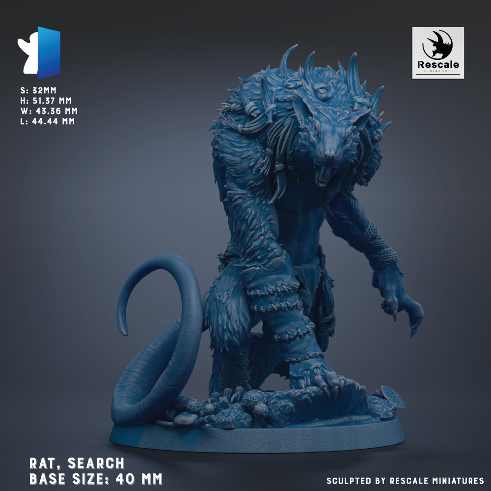 The image is a detailed 3D model of a blue rat-like creature, possibly a mythical or fantasy creature, with intricate textures and features. The creature is depicted in a crouching position, standing on a base that is 40 mm in size. The image is a sculpture, and it is described as being "sculpted by Rescue miniatures".