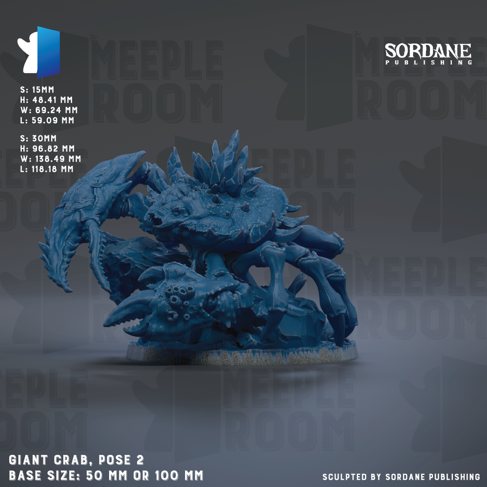 The image is a 3D rendering of a blue crab-like creature, which appears to be a giant crab. The creature is posed in a standing position, with its legs spread out and its claws extended. The image is described as a "Giant Crab" and is shown in a base size of 50 mm or 100 mm. The background of the image is a dark blue color, and the text "SORDANE PUBLISHING" is visible, indicating that the image is published by Sordane Publishing.