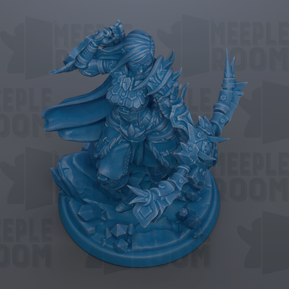 A blue figurine of a warrior figure with a sword and shield, standing on a base and holding a shield in one hand and a spear in the other.