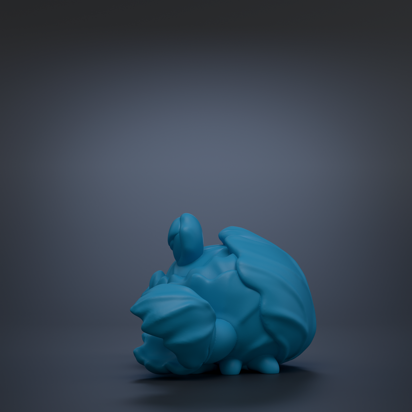 A blue, 3D-rendered toy or figurine is shown against a dark background.