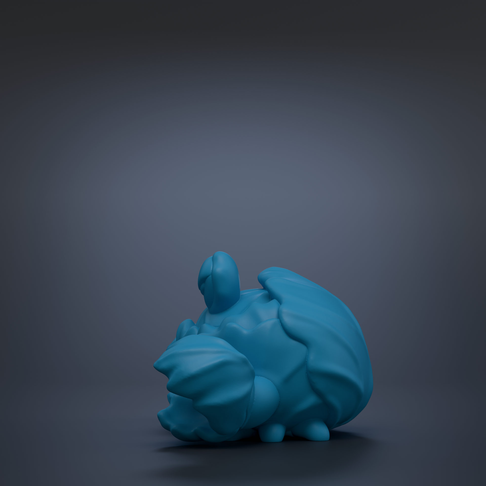 A blue, 3D-rendered toy or figurine is shown against a dark background.