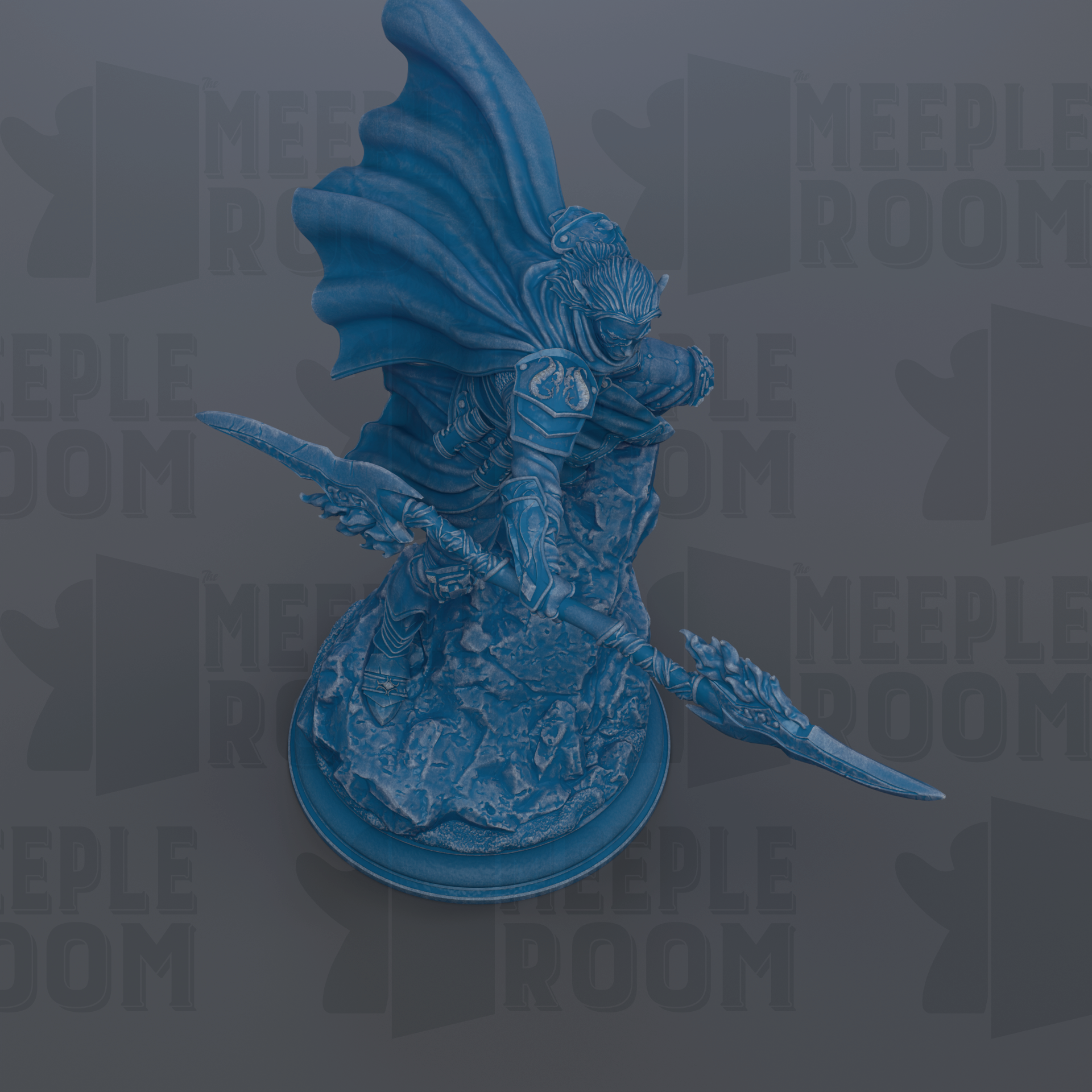 A blue, 3D-rendered statue of a warrior figure with a flowing cape and a sword, set against a dark background with repeated text.