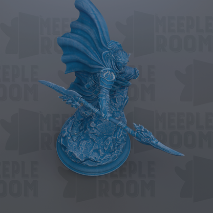 A blue, 3D-rendered statue of a warrior figure with a flowing cape and a sword, set against a dark background with repeated text.
