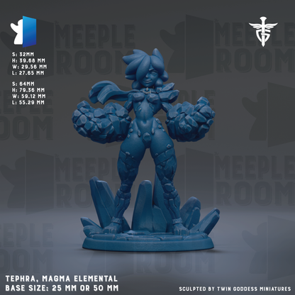 a figurine of a female character with a muscular build, wearing a blue outfit and holding a large blue object in her hands. The figurine is set against a dark background with the text "MEIPLE ROOM" repeated multiple times. The figurine is described as a "Tephra, Magma Elemental Base Size: 25mm or 50mm" and is sculpted by "Twin goddesses".