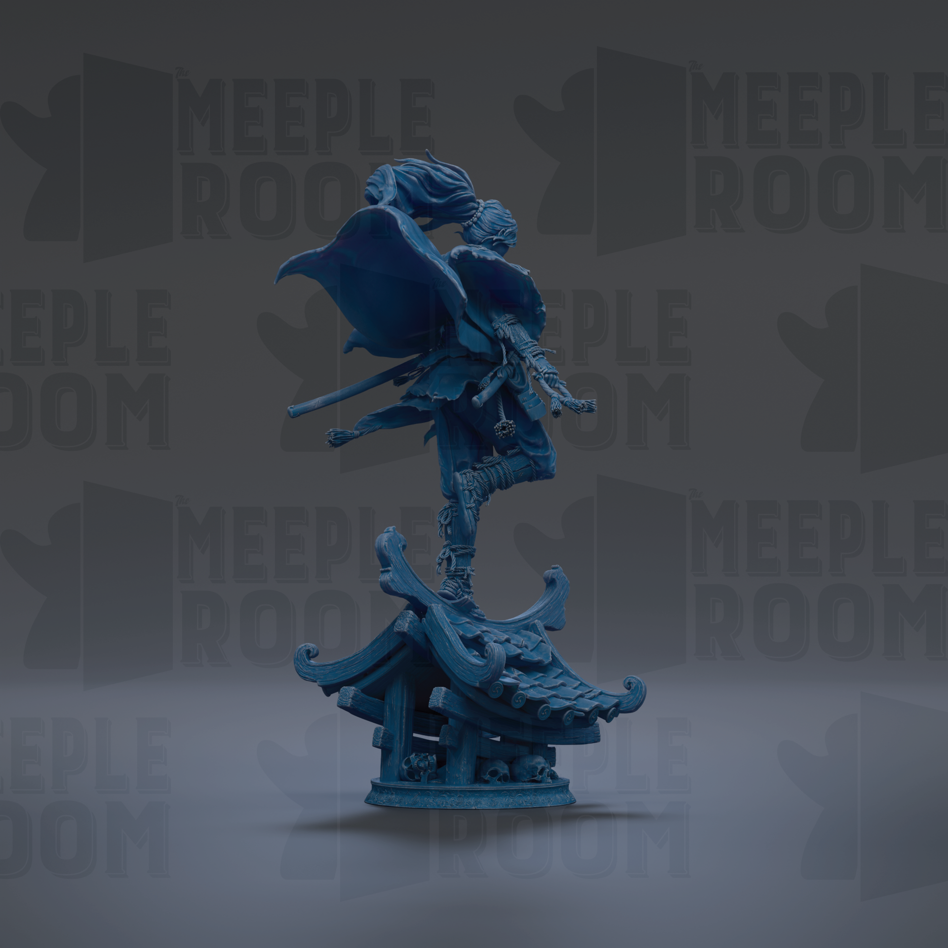 A blue statue of a person with a flowing cape stands on a decorative base, surrounded by repeated "MEIPLE ROOM" text in the background.