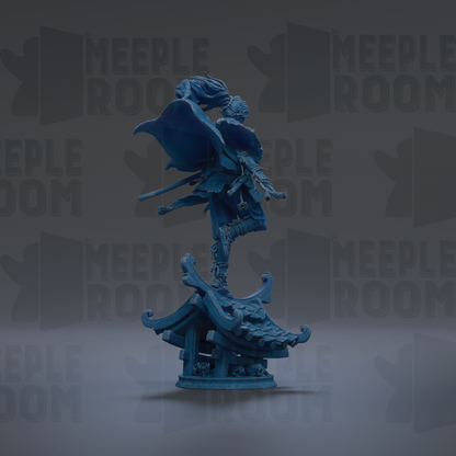 A blue statue of a person with a flowing cape stands on a decorative base, surrounded by repeated "MEIPLE ROOM" text in the background.