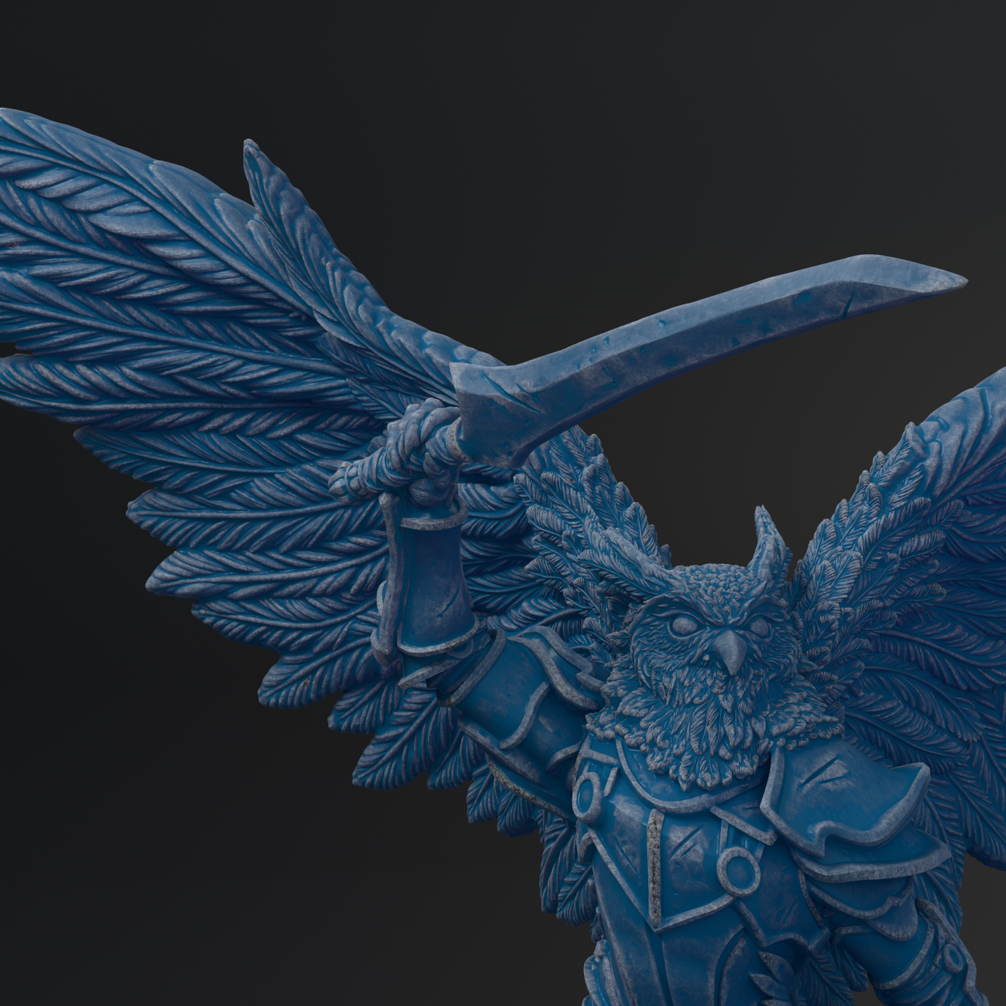 A detailed statue of an owl-like creature with wings, holding a sword in its hand.