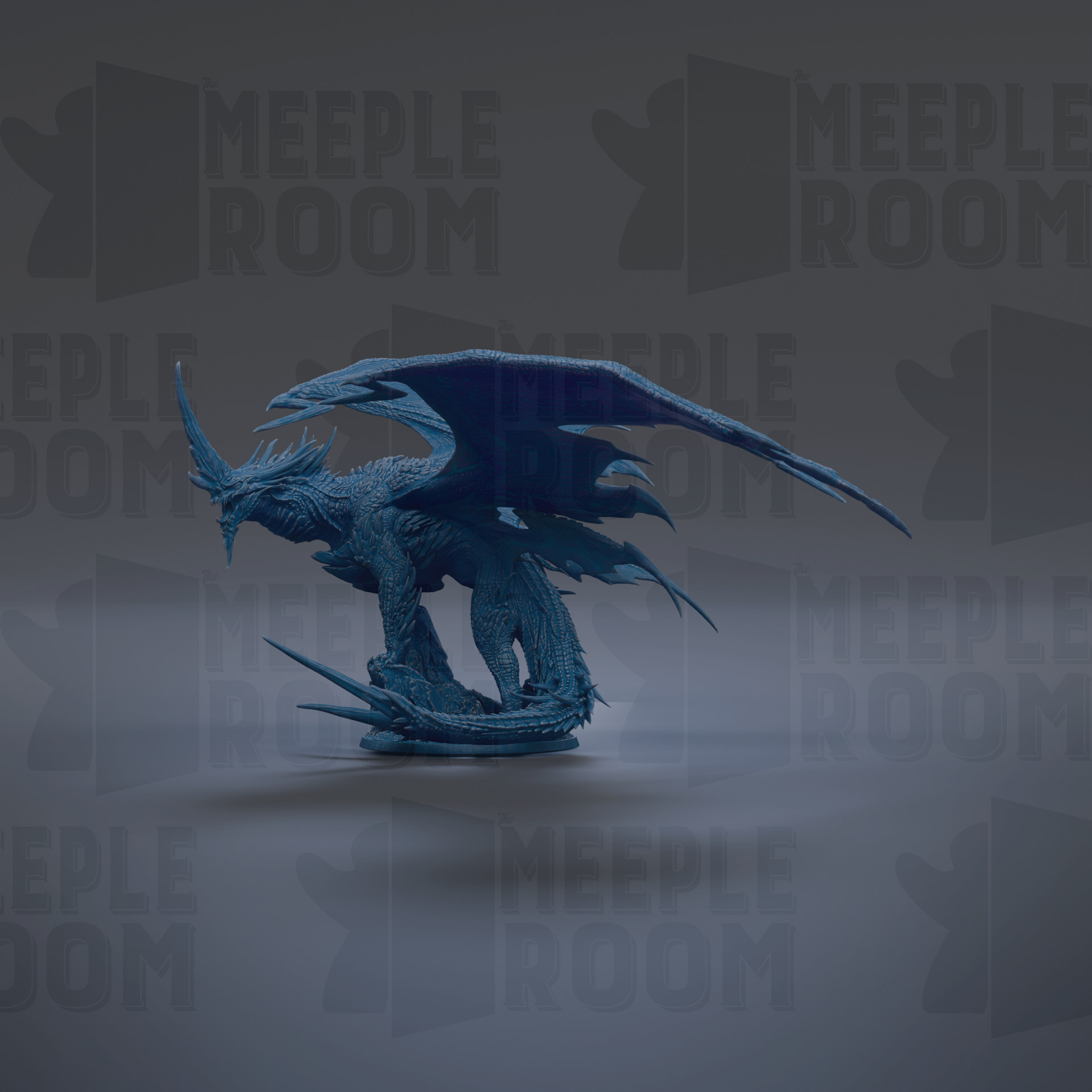 A 3D rendering of a blue dragon-like creature with wings and sharp teeth, standing on a platform against a dark background with repeated text.