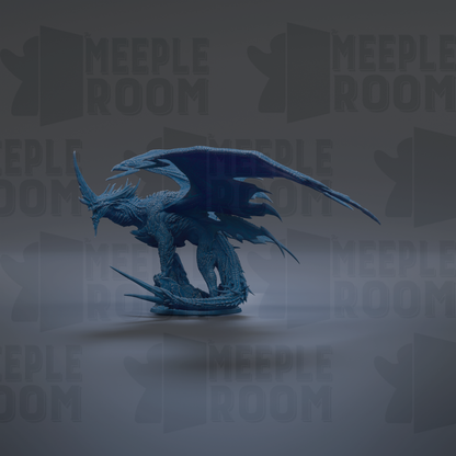 A 3D rendering of a blue dragon-like creature with wings and sharp teeth, standing on a platform against a dark background with repeated text.