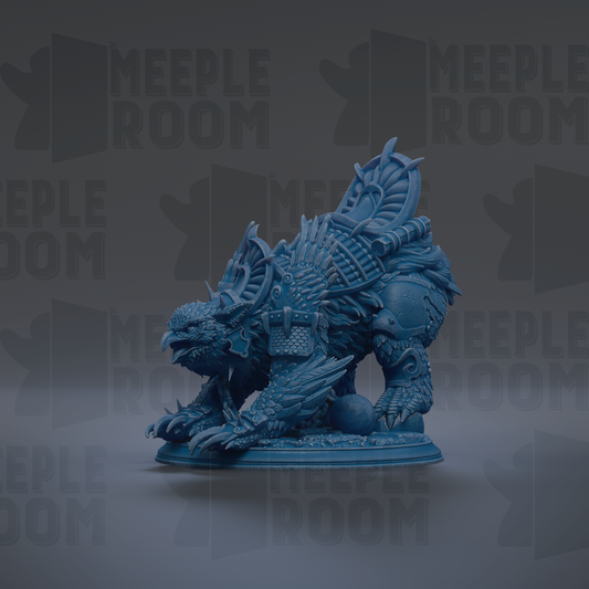 A detailed, 3D-rendered model of a fantastical creature, possibly a dragon or mythical beast, with intricate, textured patterns and sharp, menacing features.