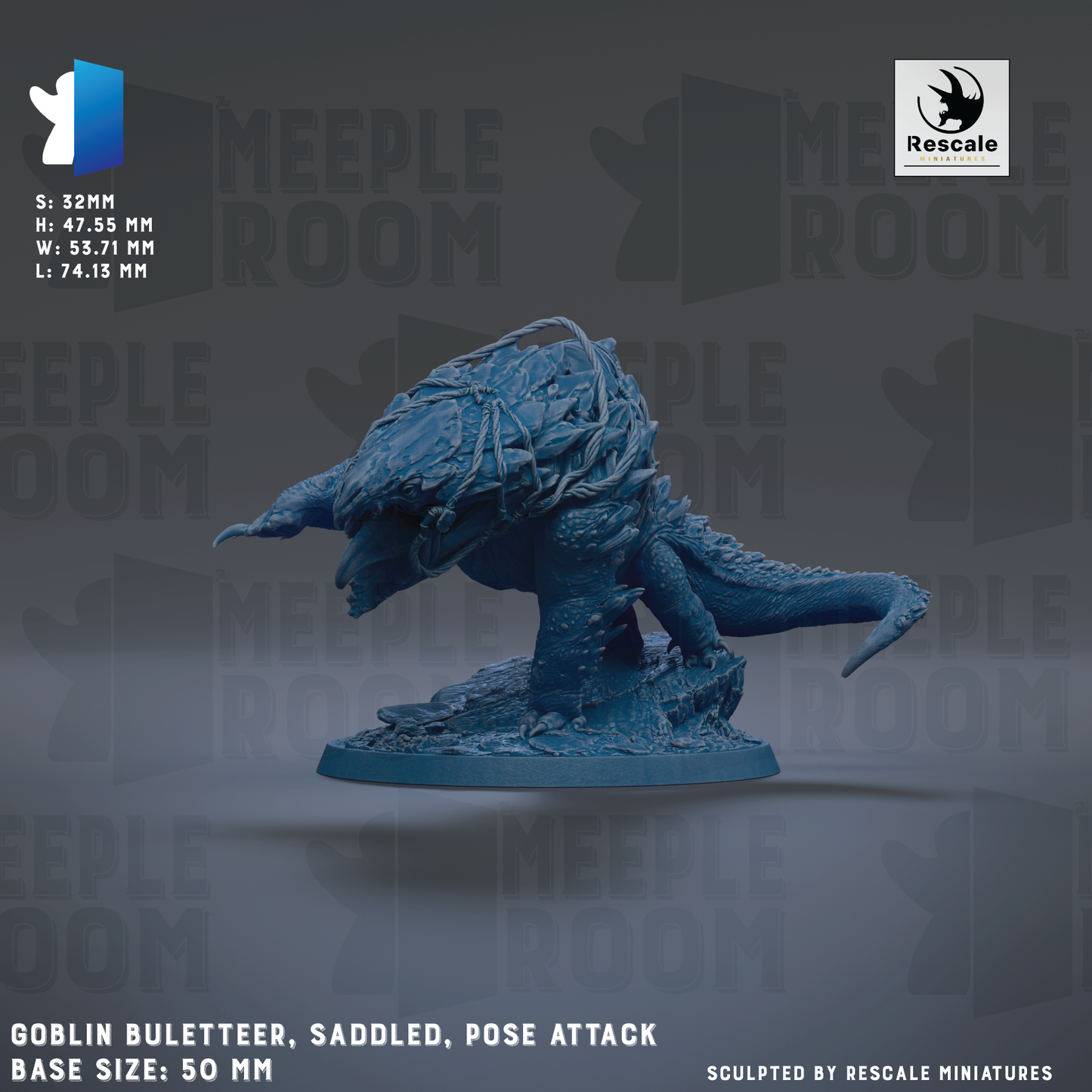 The image is a 3D rendering of a blue, armored creature resembling a dragon or serpent, with a textured, weathered appearance. The creature is positioned on a base, and the image includes text that provides information about the base sizes and the sculpting by Rescale miniatures.