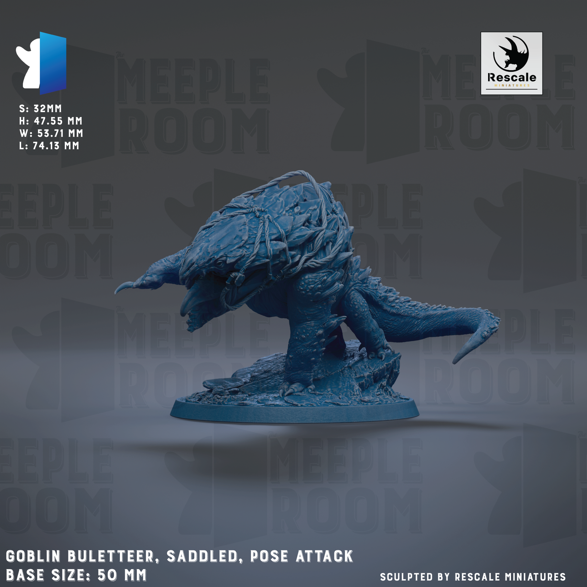 The image is a 3D rendering of a blue, armored creature resembling a dragon or serpent, with a textured, weathered appearance. The creature is positioned on a base, and the image includes text that provides information about the base sizes and the sculpting by Rescale miniatures.
